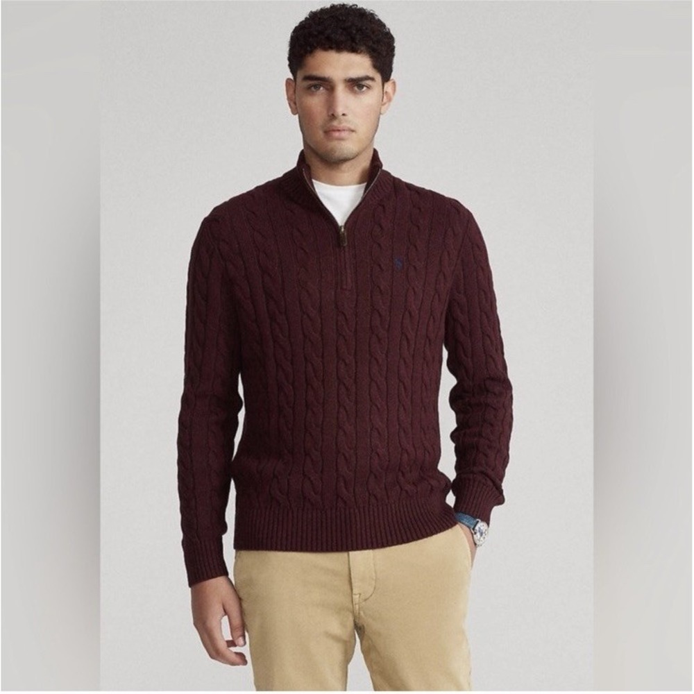 Polo Ralph Lauren Men's Cable Knit Quarter Zip Sweater Burgundy Size XXL Cotton